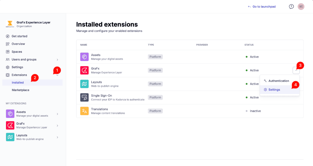 GraFx Experience installed extensions page with the Extensions and Installed navigation expanded and the GraFx extension's three-dot menu open showing the Settings option