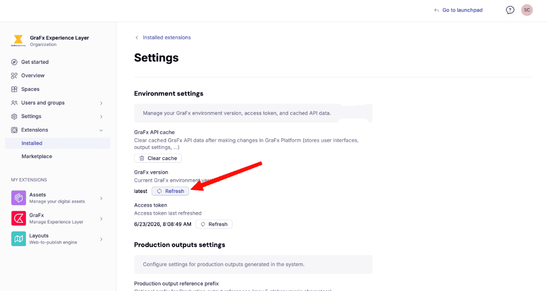 GraFx Experience extension settings page highlighting the Refresh button under the GraFx version section