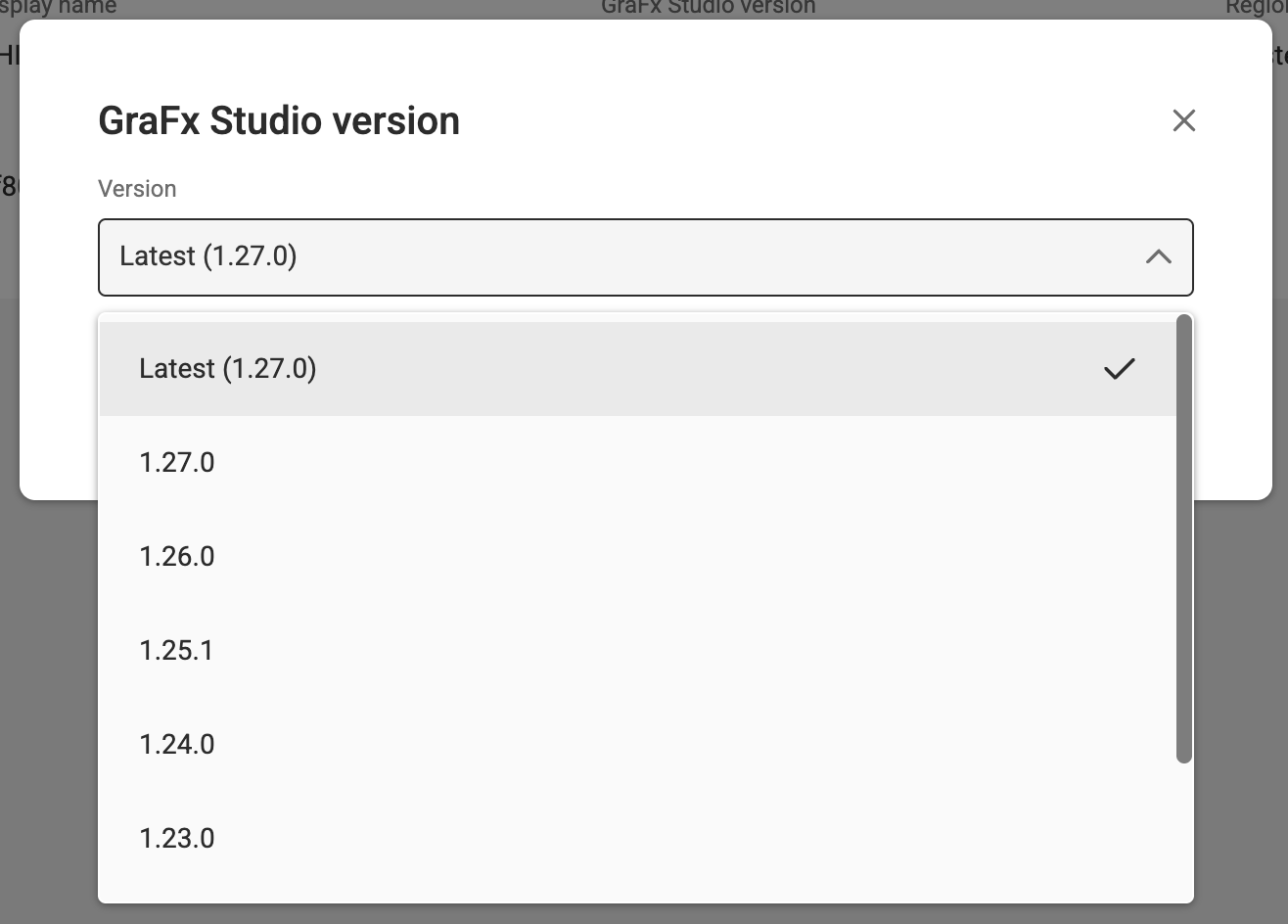 The version selection modal showing available version options