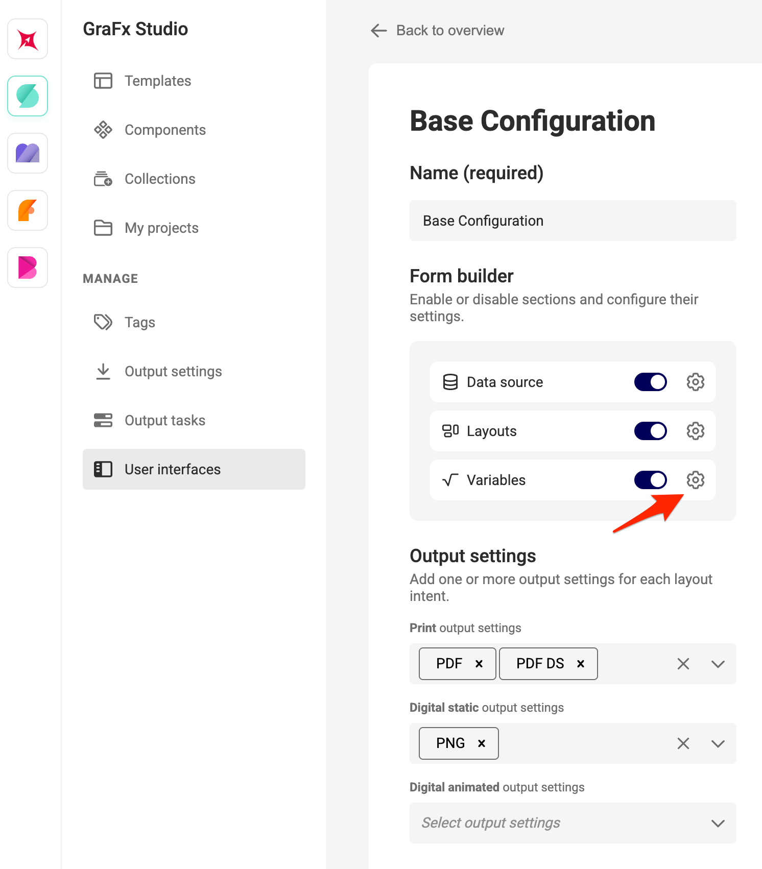 The settings icon next to the Variables section in the Form builder
