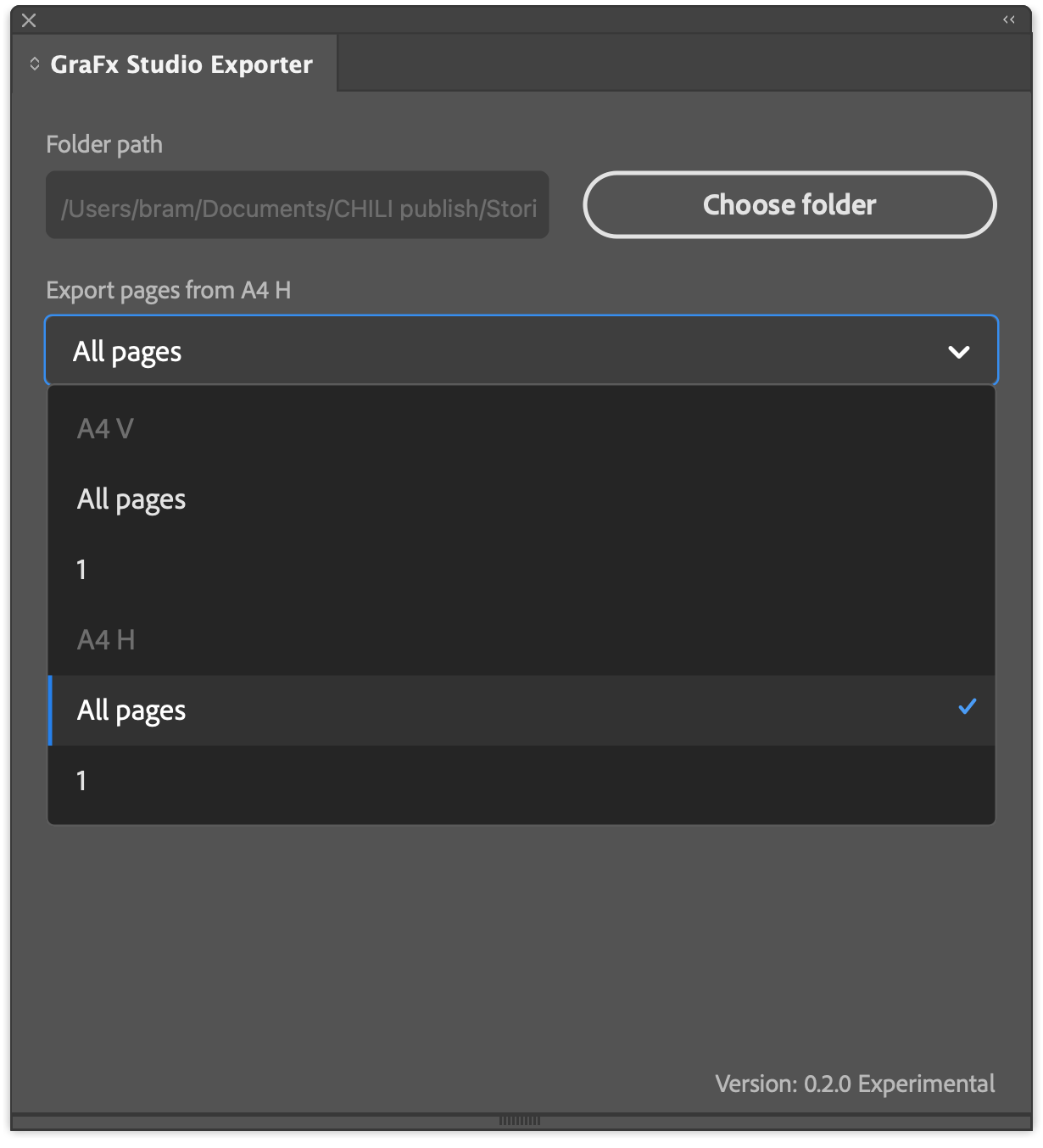 GraFx Studio Exporter page-selection dropdown open, listing All pages and individual pages grouped under each alternate layout (A4 V and A4 H)