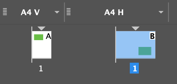 Adobe InDesign Pages panel showing alternate layouts A4 V (vertical) and A4 H (horizontal) for the same page
