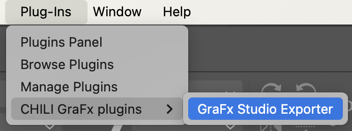 Adobe InDesign Plug-Ins menu showing the CHILI GraFx plugins submenu with the GraFx Studio Exporter option highlighted