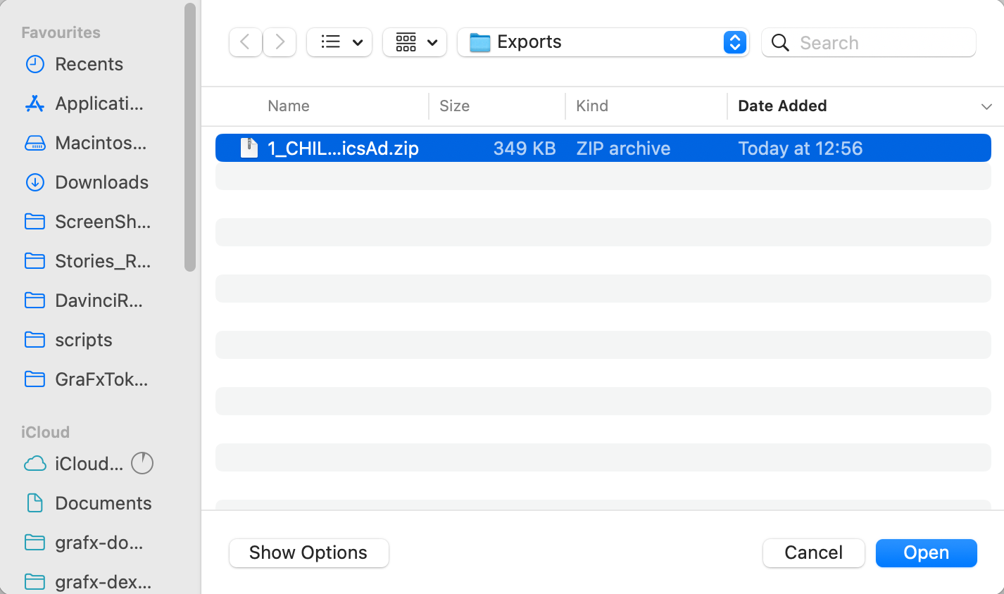 macOS Finder dialog showing the exported 1_CHILLtronicsAd.zip in the Exports folder, ready to select