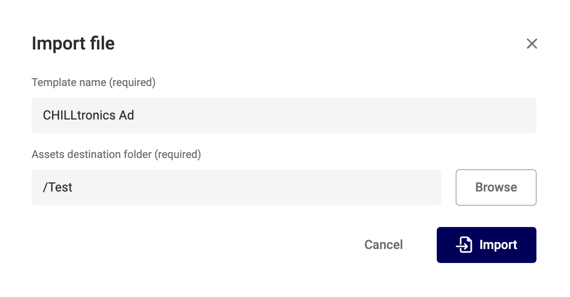 Import file modal in GraFx Studio with Template name "CHILLtronics Ad" and Assets destination folder "/Test"