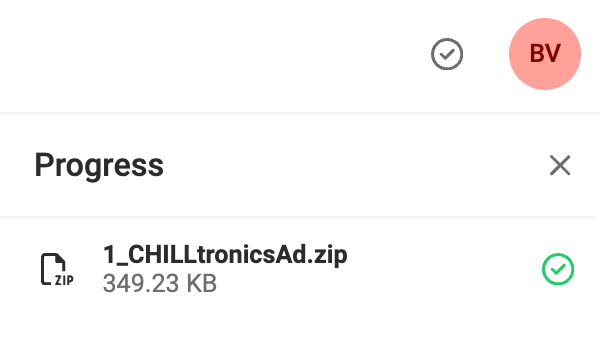 Progress indicator in GraFx Studio showing 1_CHILLtronicsAd.zip uploaded successfully