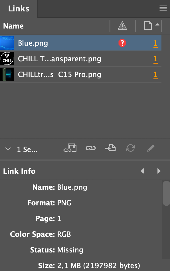 Adobe InDesign Links panel showing Blue.png with a Missing status in the Link Info section