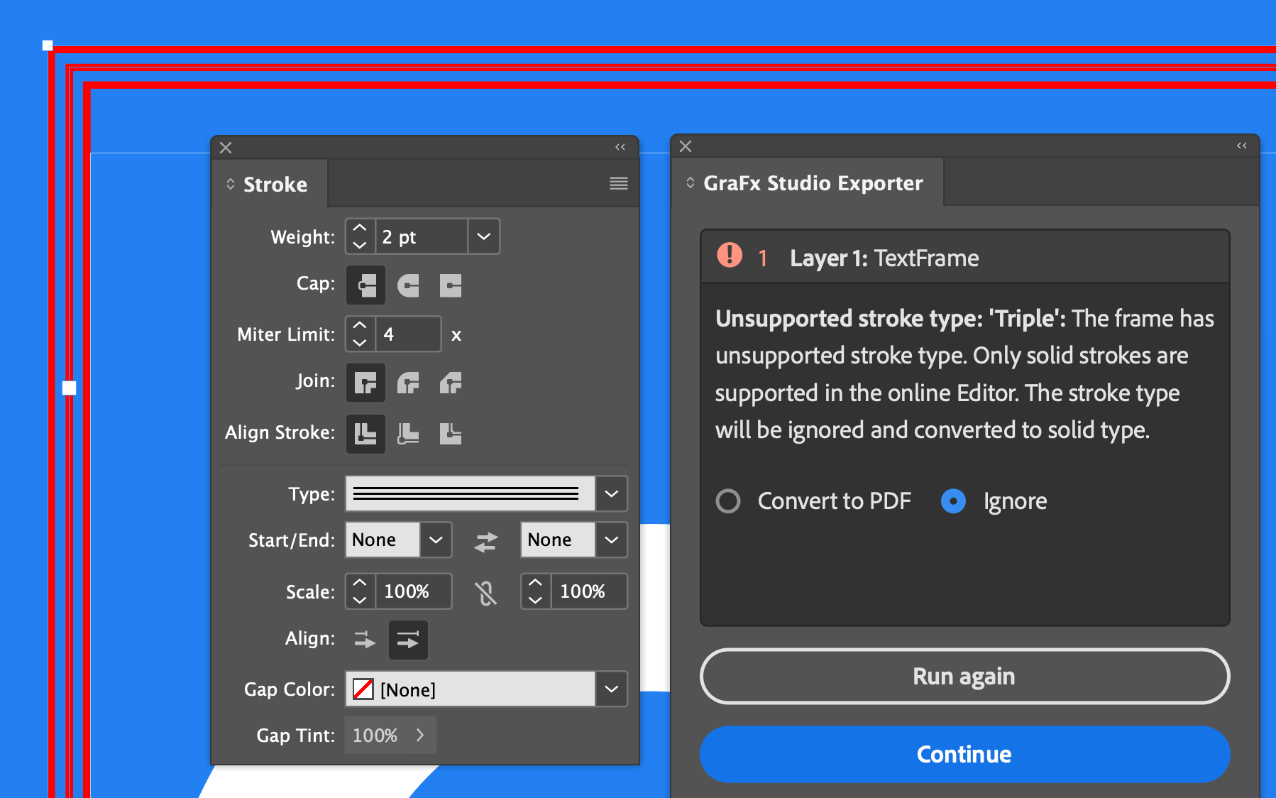 GraFx Studio Exporter preflight detail showing an Unsupported stroke type warning for a text frame, with Convert to PDF and Ignore options