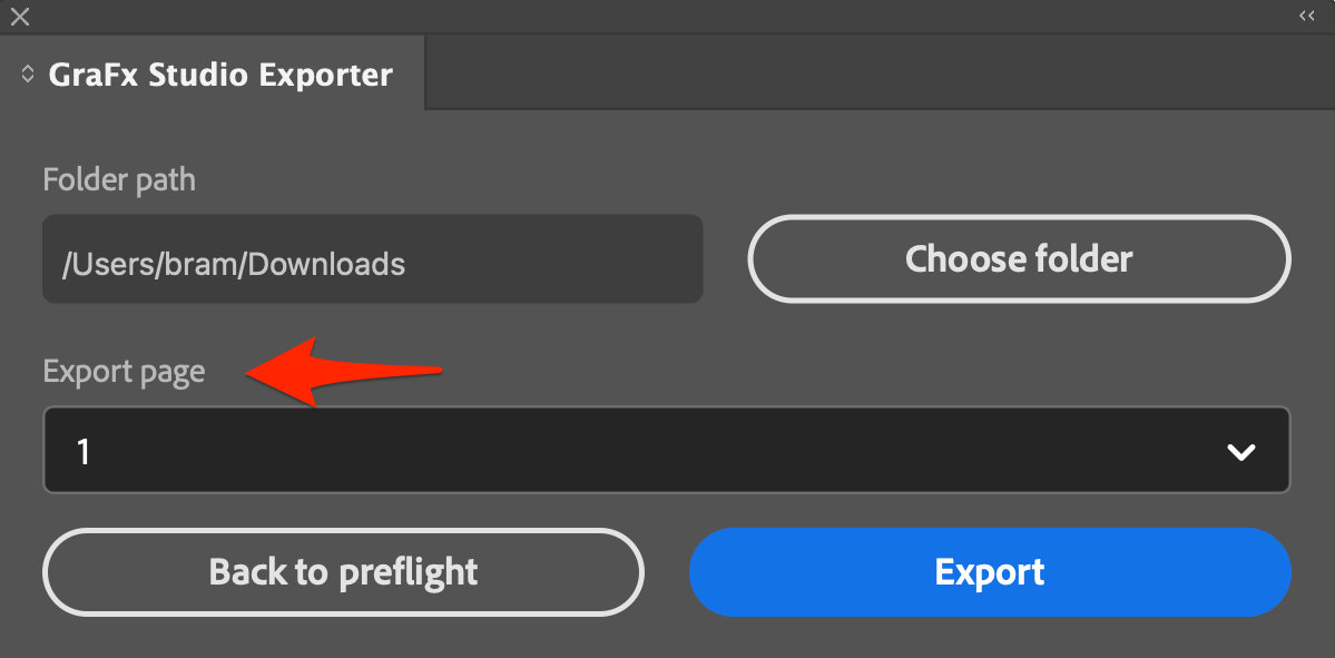 GraFx Studio Exporter export screen with Folder path, Choose folder button, an Export page dropdown set to 1, and Back to preflight / Export buttons