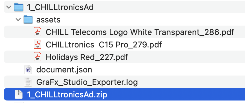 Contents of the exported zip: an assets folder with PDF fallbacks, a document.json file, a GraFx_Studio_Exporter.log file, and the inner 1_CHILLtronicsAd.zip