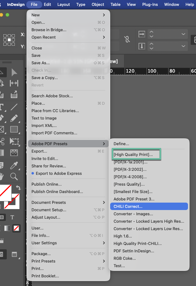 InDesign File menu showing Adobe PDF Presets submenu with CHILI Correct highlighted