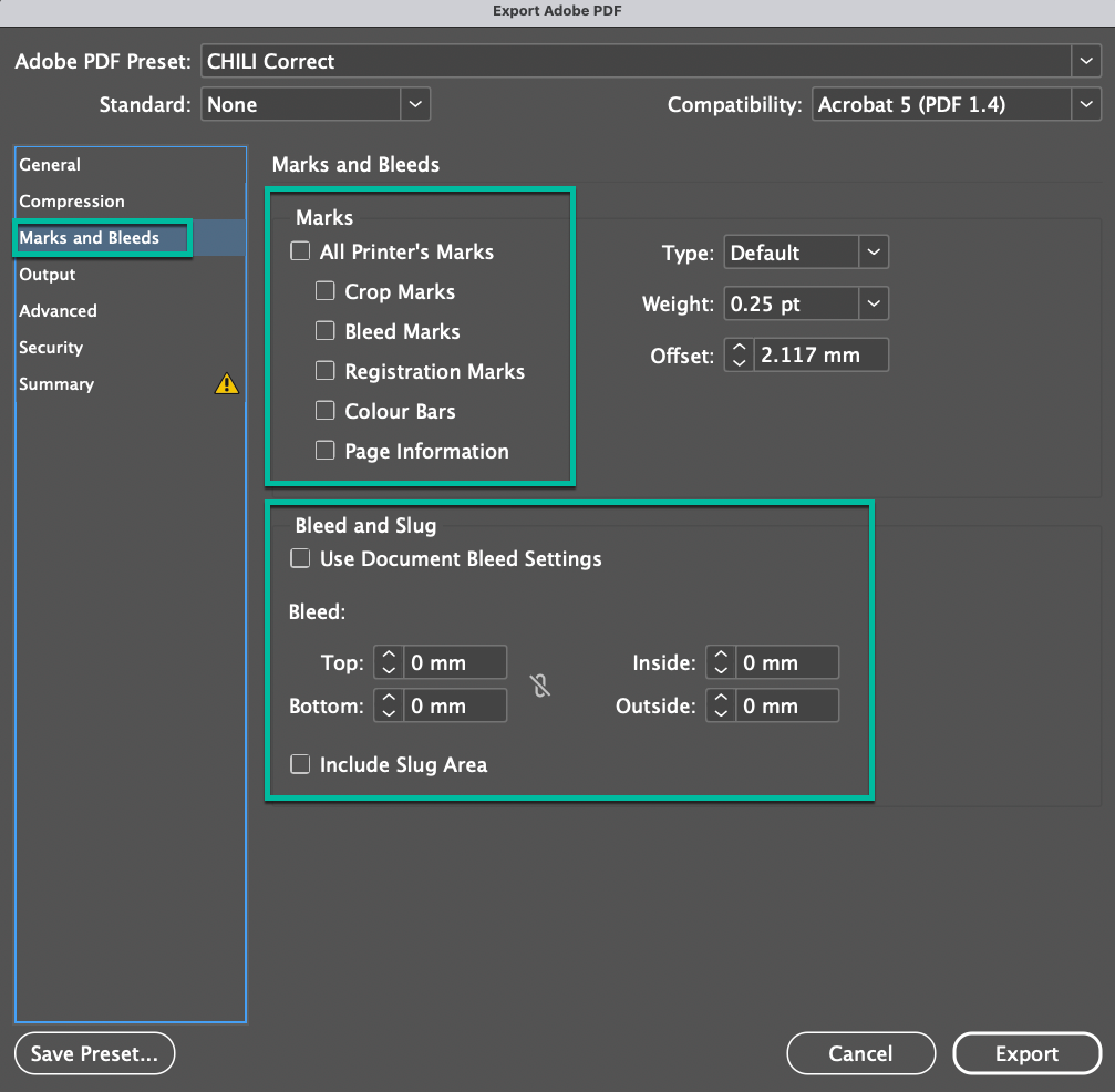 Export Adobe PDF dialog showing Marks and Bleeds tab with all marks unchecked and bleed set to 0mm