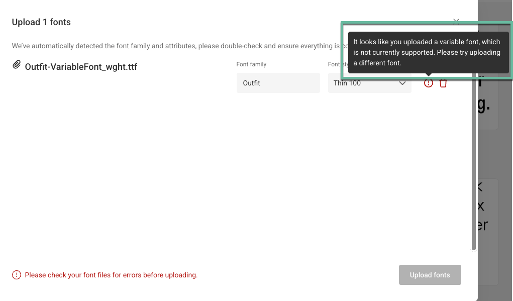 GraFx Fonts upload dialog showing a variable font error tooltip stating variable fonts are not currently supported