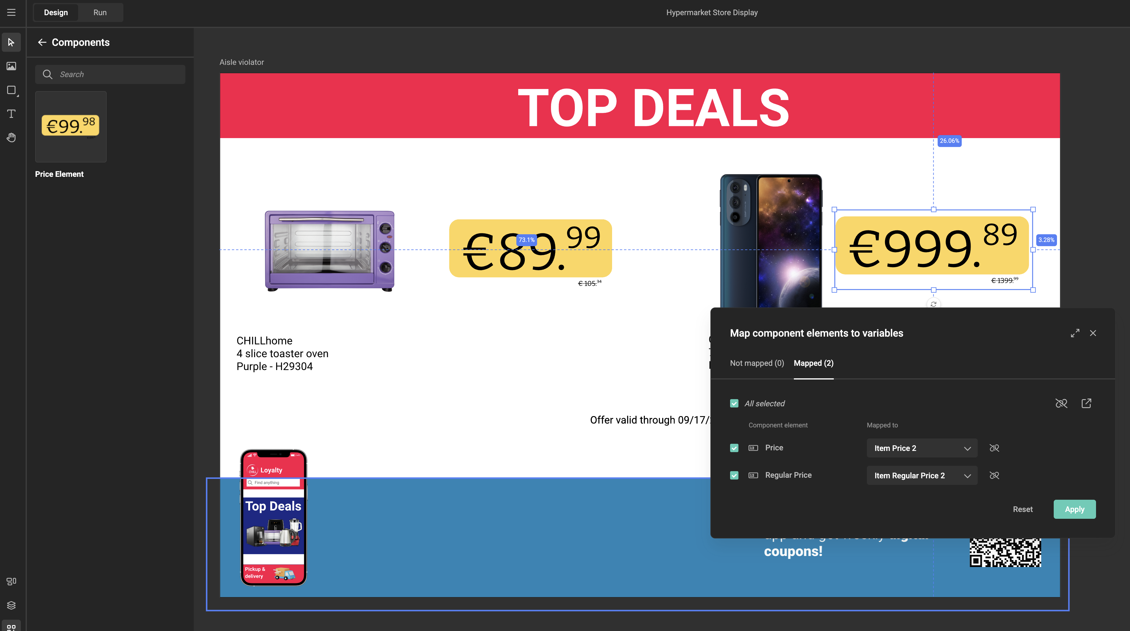 Template canvas showing two Price Element instances placed side by side