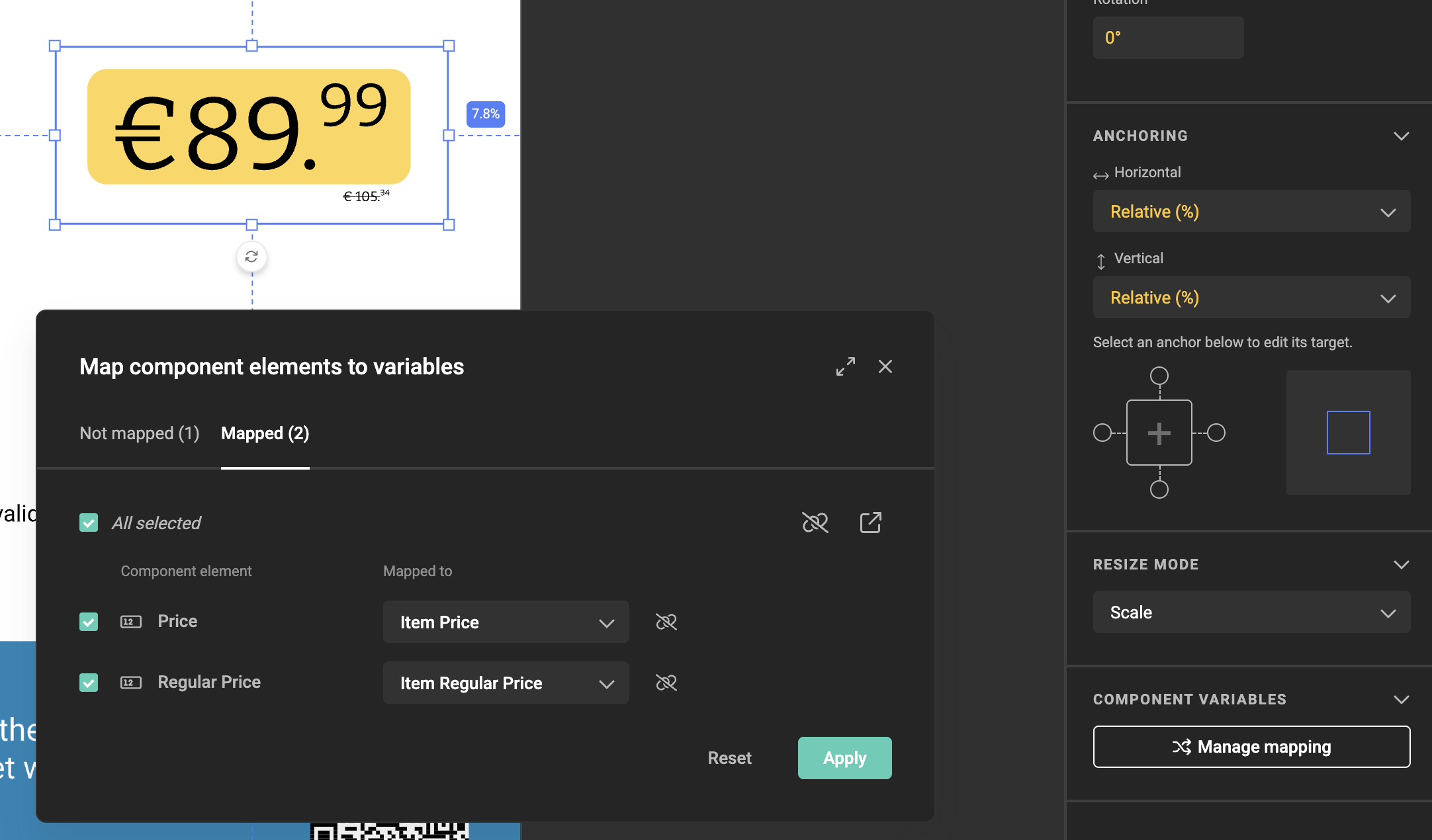 Map component elements to variables modal