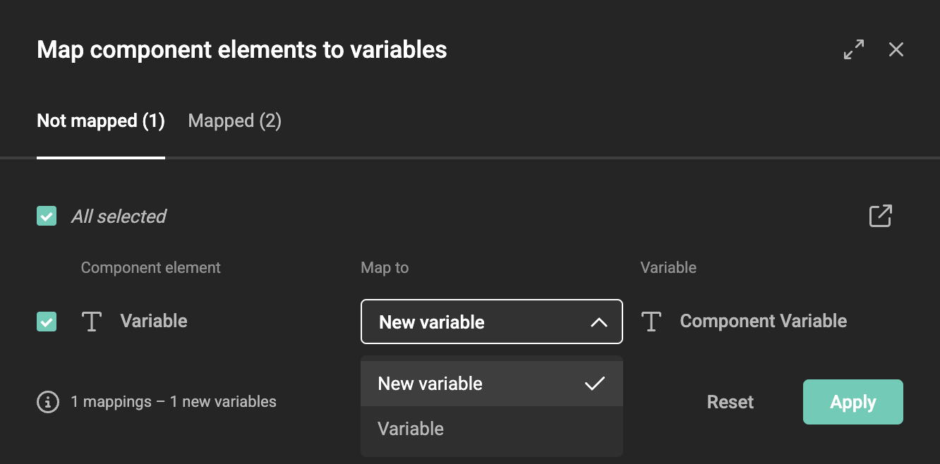 Mapping modal showing variables mapped to new template variables