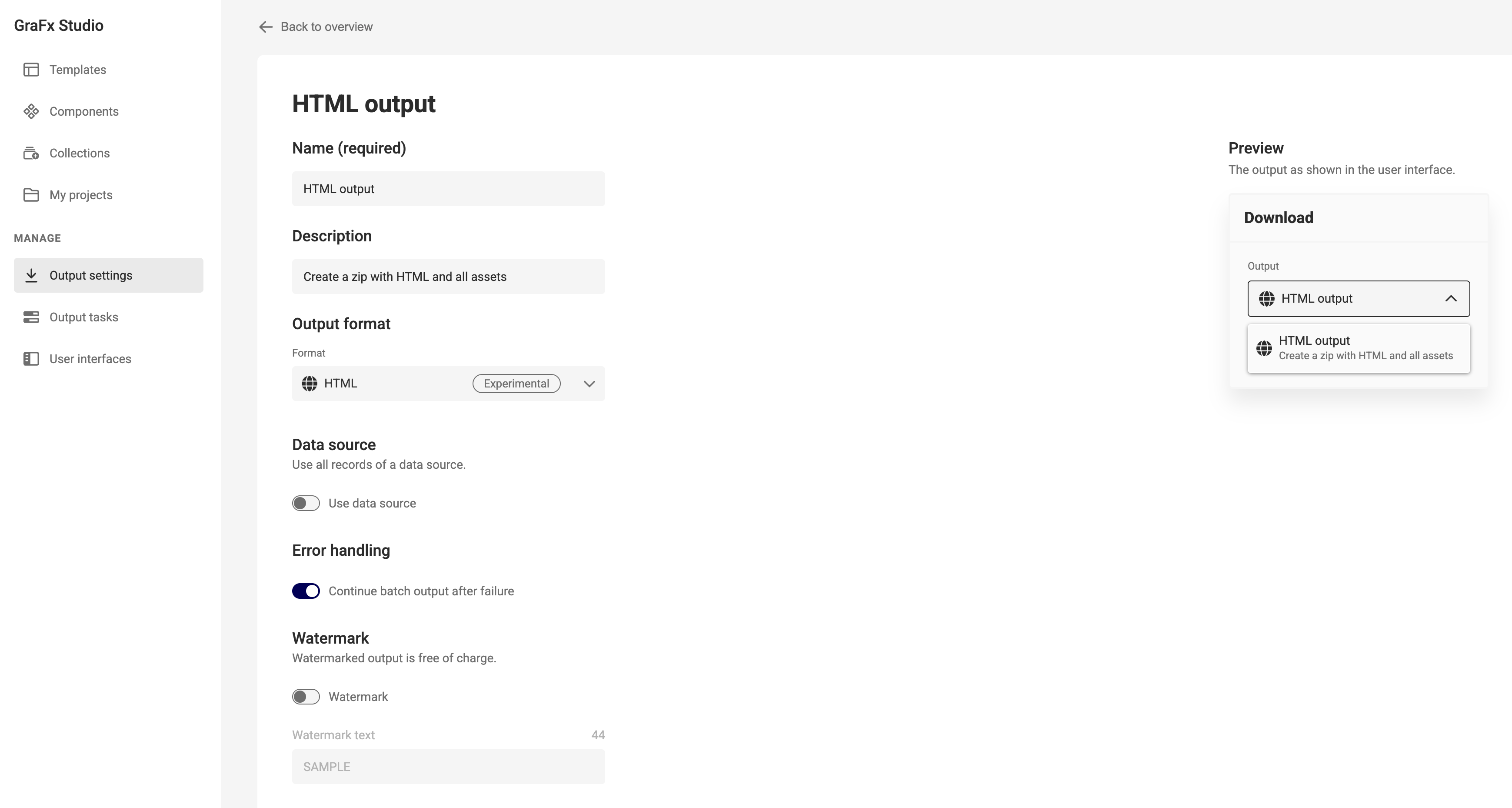 Create HTML Output a setting