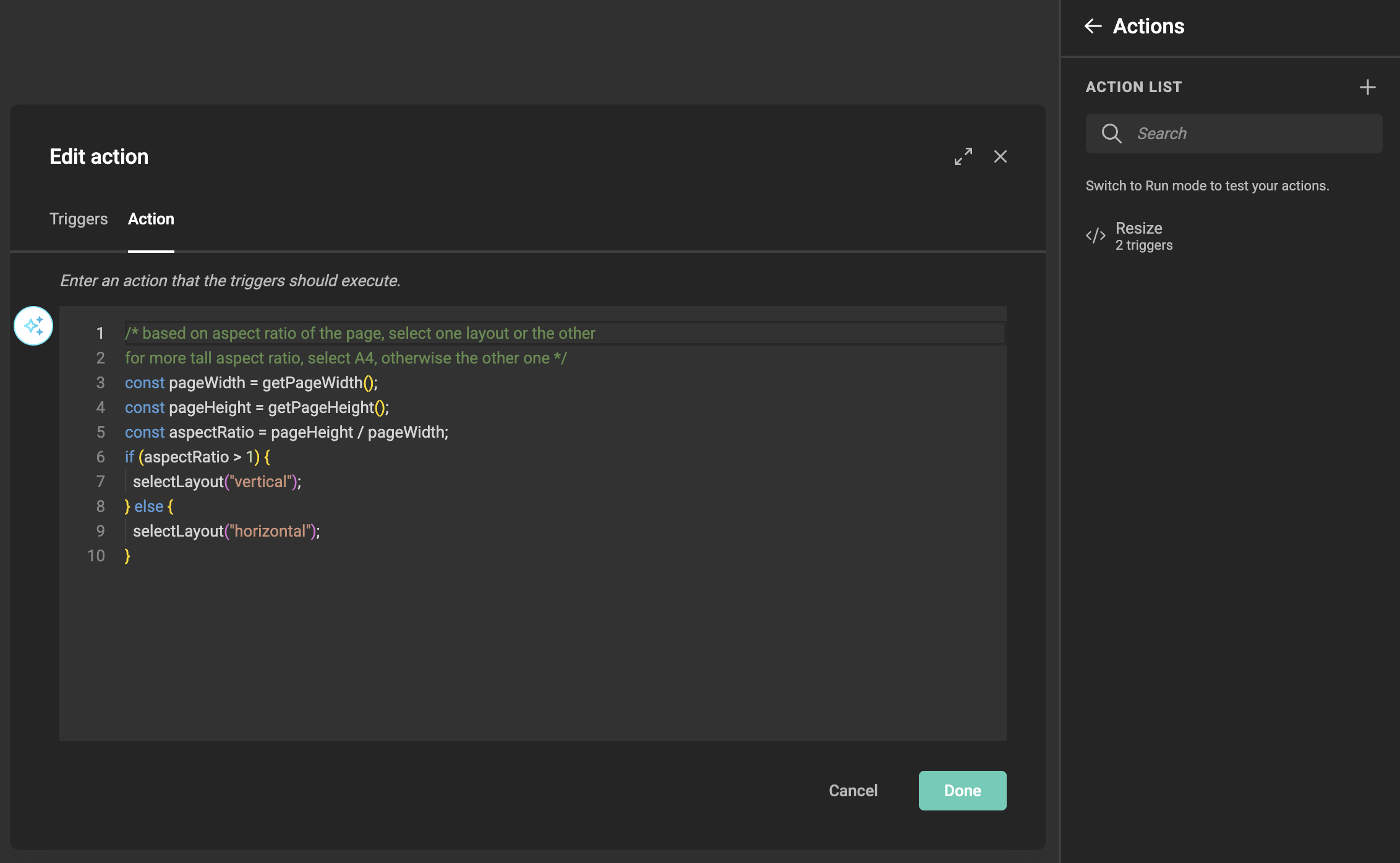 Action tab with the aspect-ratio script