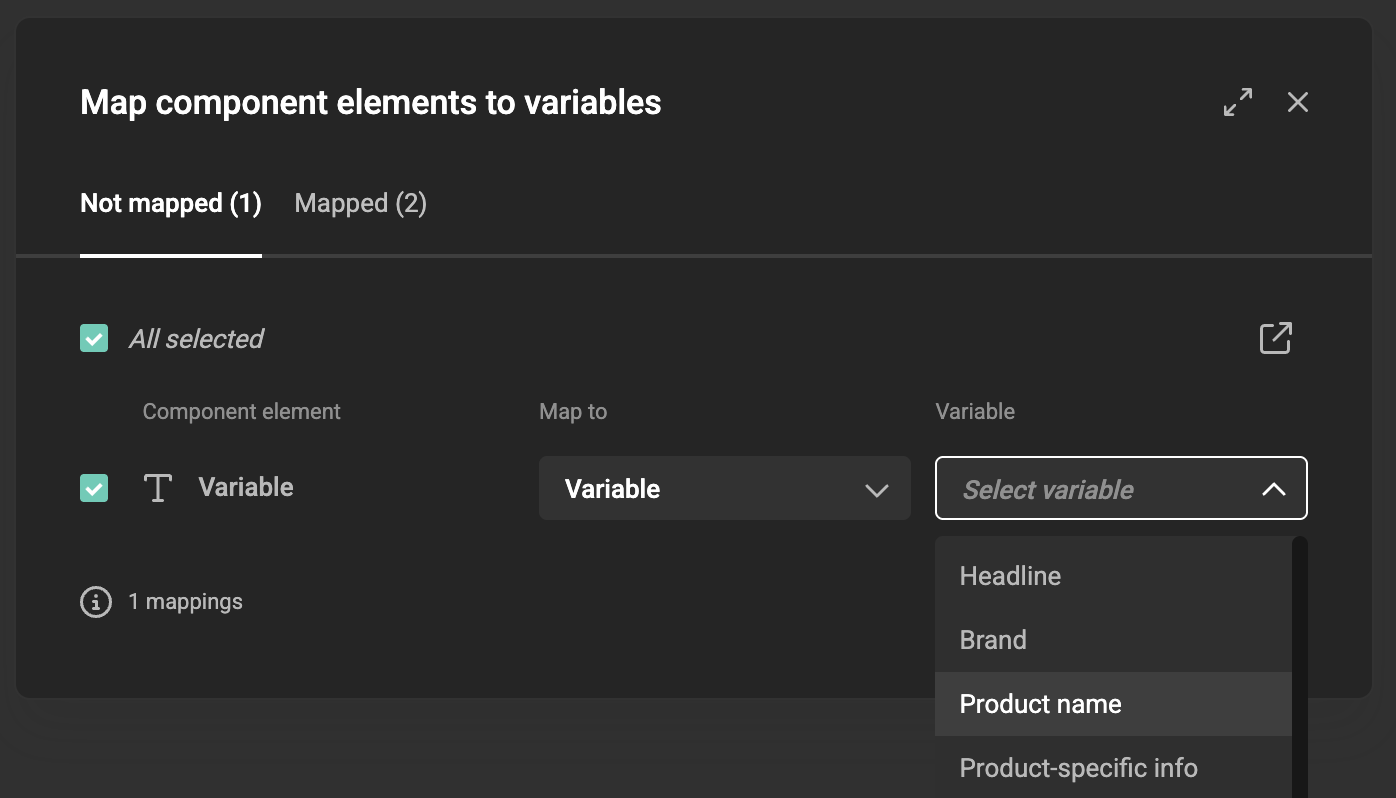 Map to dropdown expanded showing New variable and Variable options