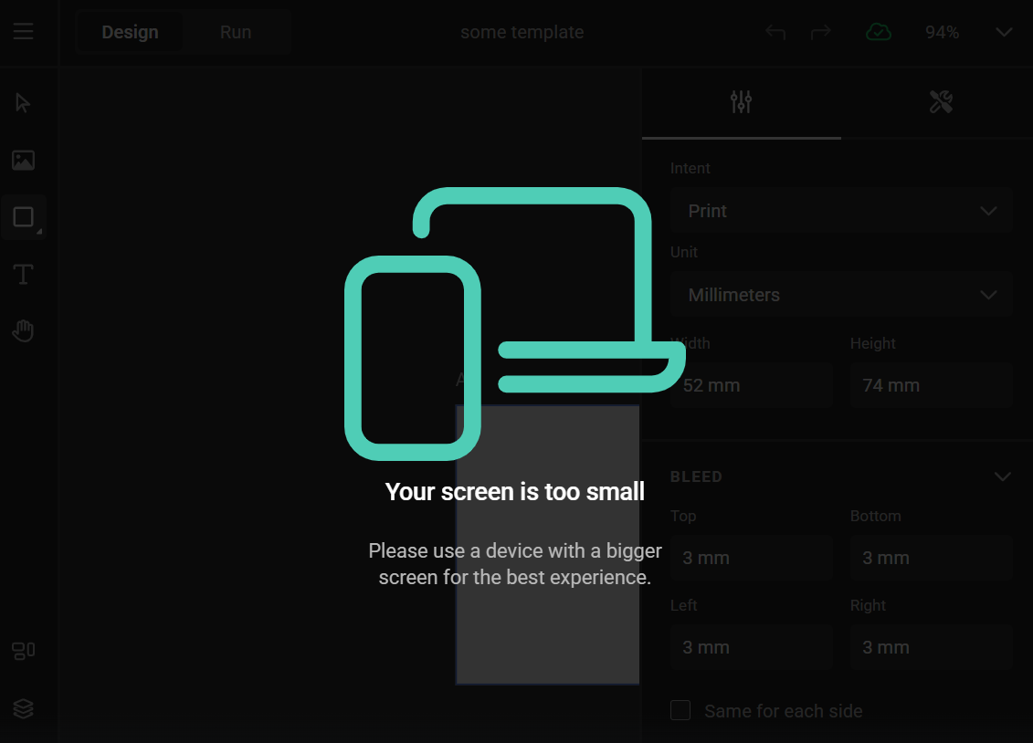 Screen size warning
